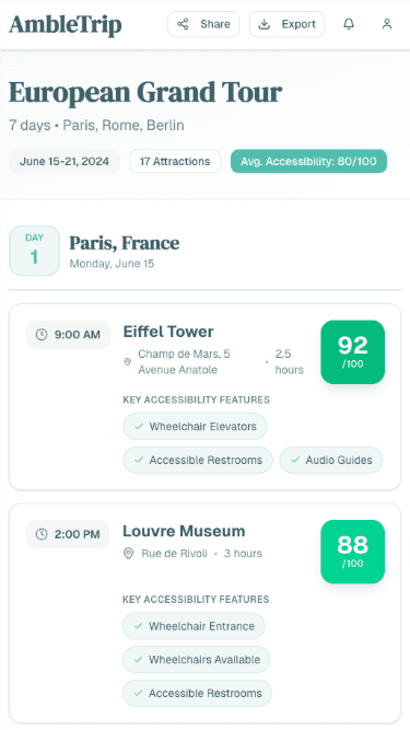 AmbleTrip mobile application interface showing destination details